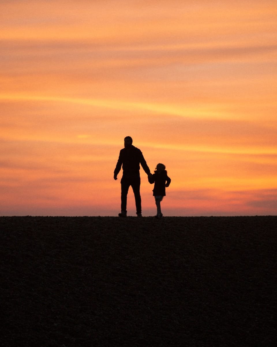 a silhouette of a man and a little girl holding hands